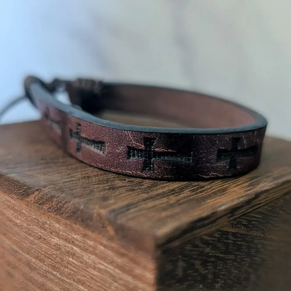 Brown Adjustable Bracelet with Embossed Cross - Fair Condition